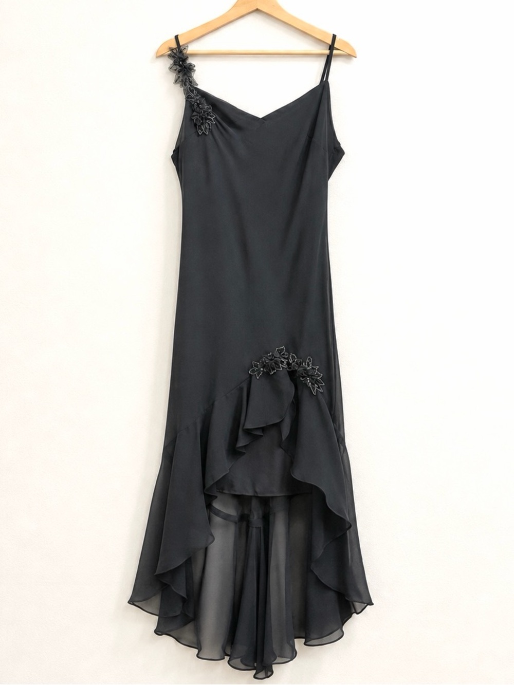 Vintage Y2K Juno Black Chiffon High Low Maxi Slip Dress Beaded Appliqué XL